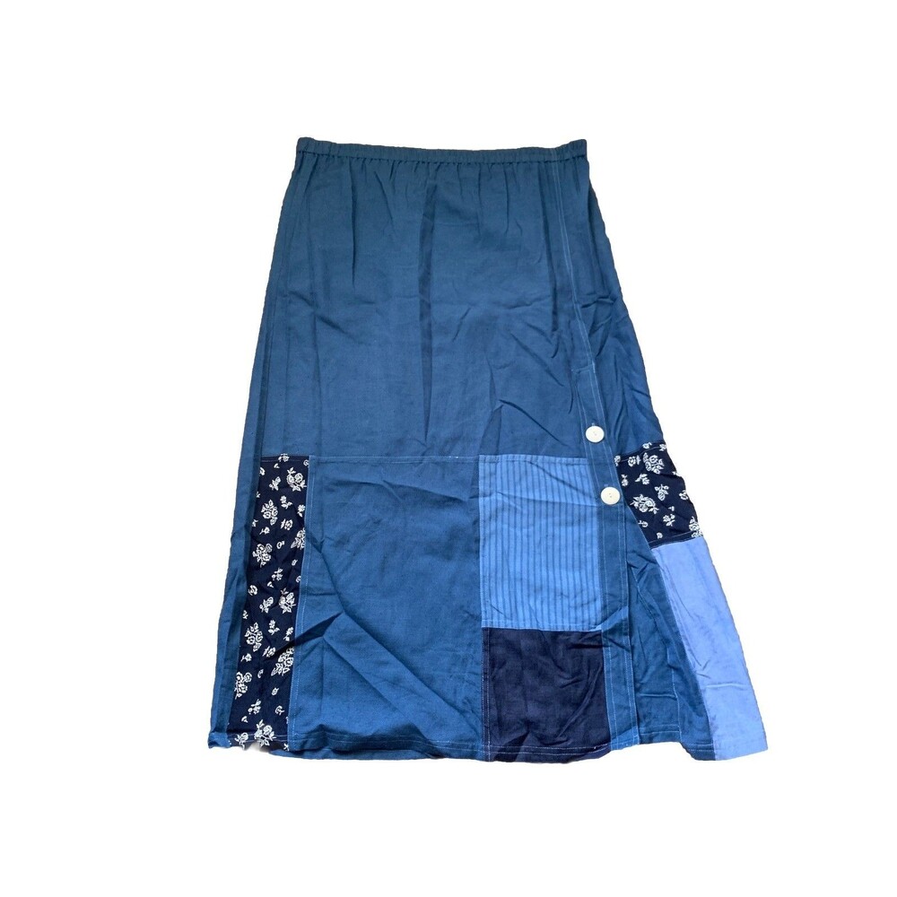 Y2K 90s Women’s Maxi Skirt Blue Patchwork Rayon Western Lagenlook Cottage Boho